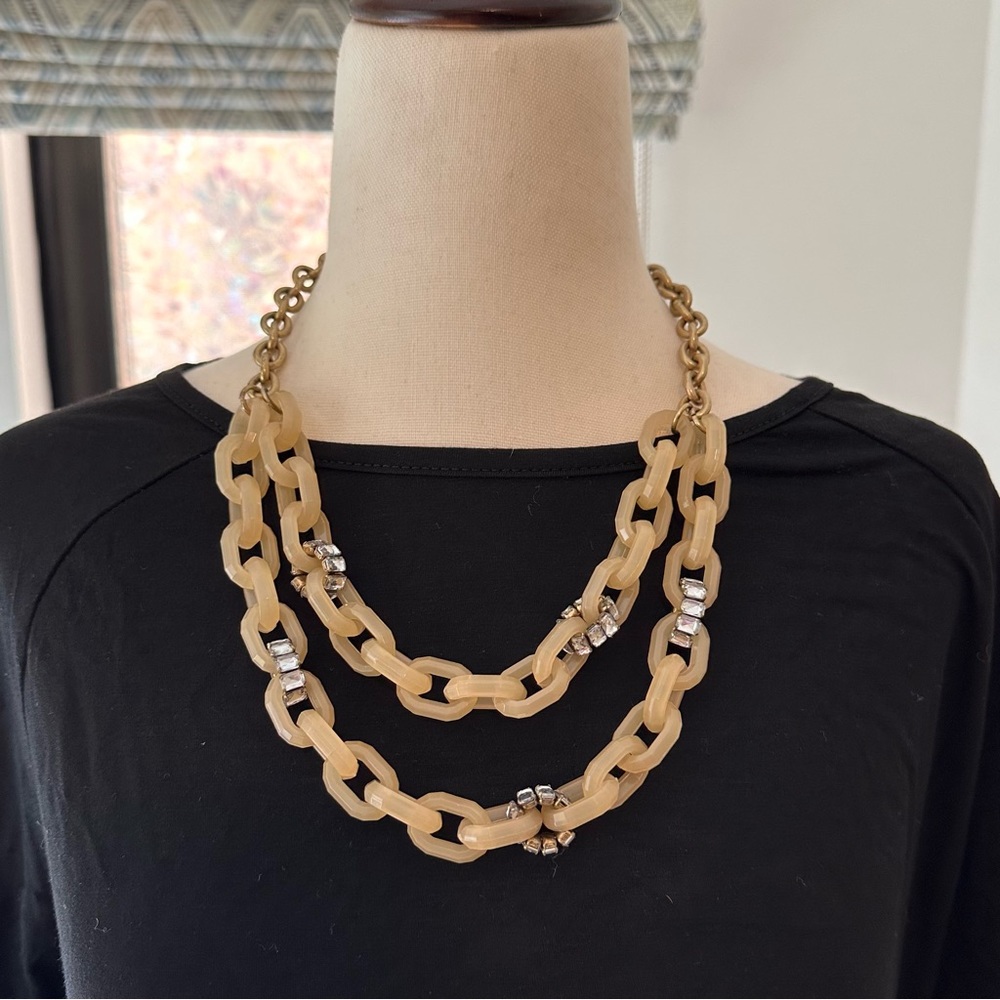 Vintage J. Crew / JCREW Double Strand, Cream Acrylic and Rhinestone Link Necklac
